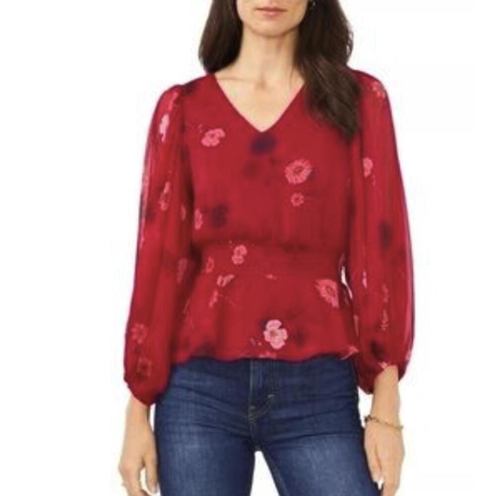 1. State Red and Pink Floral Smocked Peplum Waist Blouse - Size - Medium